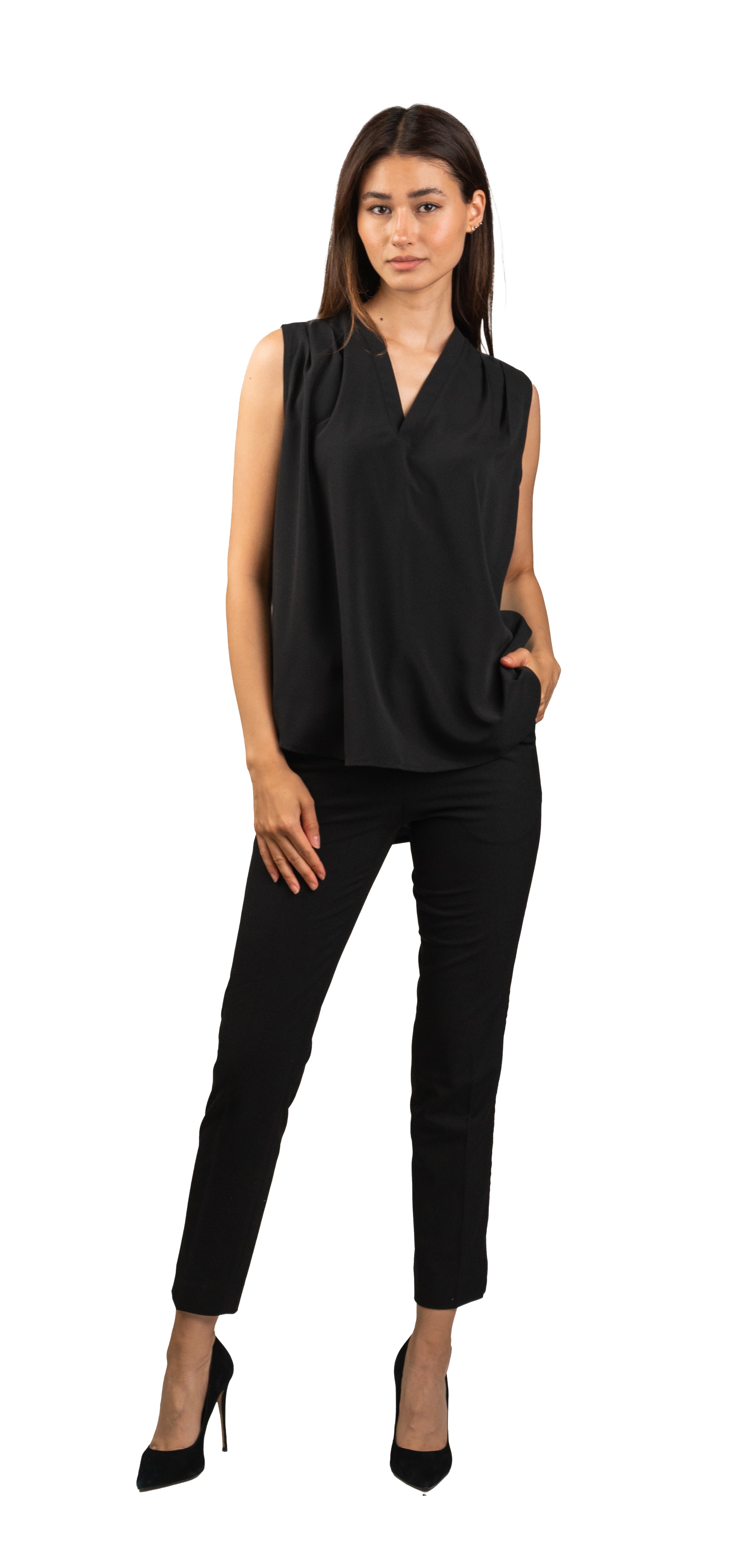 Black Sleeveless Blouse with V-Neckline and Pleated Detail
