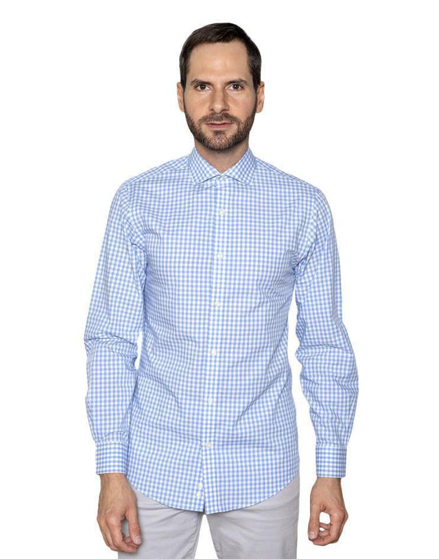 Men’s Blue and White Gingham Button Front, Collar Dress Shirt - Kloth Studio Inc. - klothstudio.com