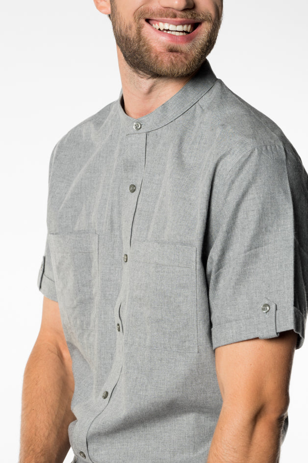 Grey Mandarin Collar Button Up Shirt