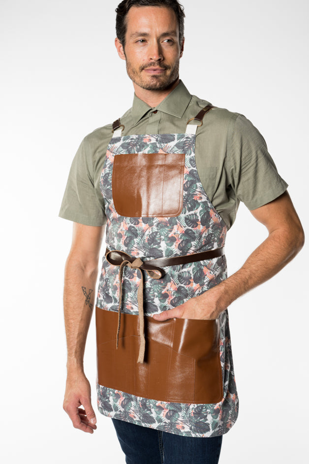 Leaf Printed Apron with Leather Straps