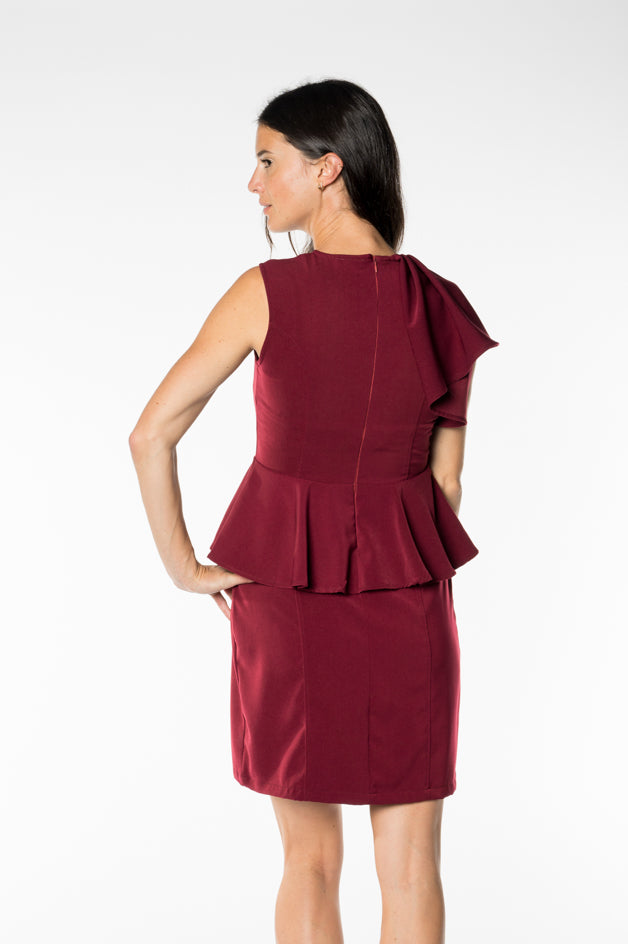 Burgandy Ruffle One-Sleeve Dress