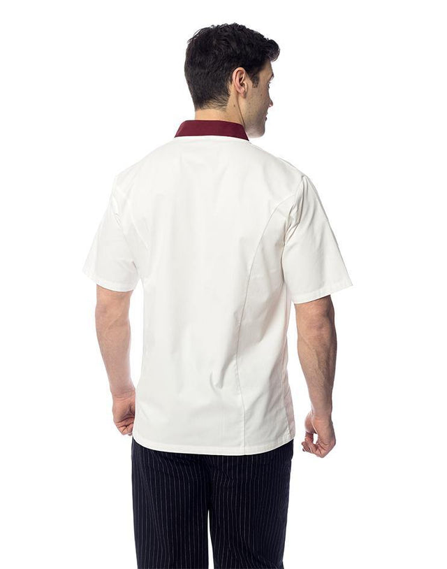 White Chef Jacket with Burgundy Collar and Contrast Piping - Kloth Studio Inc. - klothstudio.com