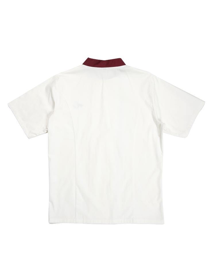 White Chef Jacket with Burgundy Collar and Contrast Piping - Kloth Studio Inc. - klothstudio.com