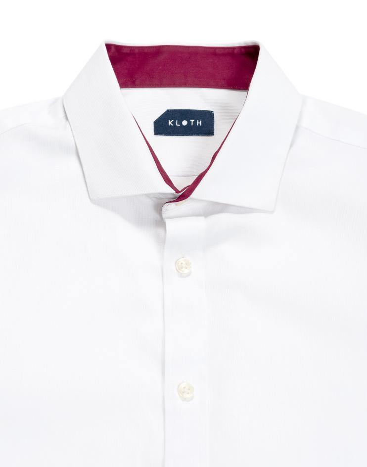 White Collared Shirt with Burgundy Contrast Collar - Kloth Studio Inc. - klothstudio.com