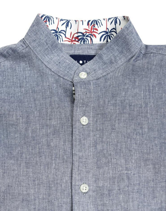 Blue Chambray Shirt with Palm Leaves Contrast Collar - Kloth Studio Inc. - klothstudio.com