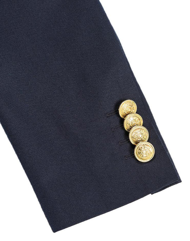 Navy Suit Jacket with Velvet Lapels and Gold Buttons - Kloth Studio Inc. - klothstudio.com
