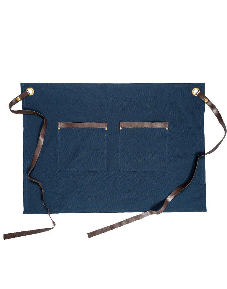 Blue Bistro Apron with Brown Leather Waist Strap and Leather Pocket Detail - Kloth Studio Inc. - klothstudio.com