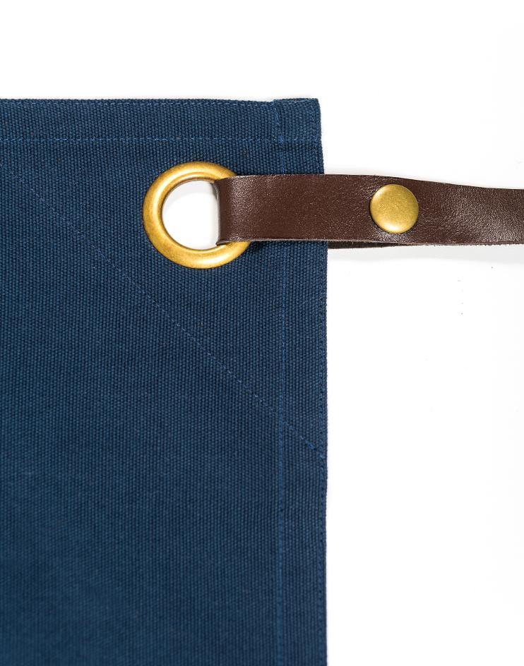 Blue Bistro Apron with Brown Leather Waist Strap and Leather Pocket Detail - Kloth Studio Inc. - klothstudio.com
