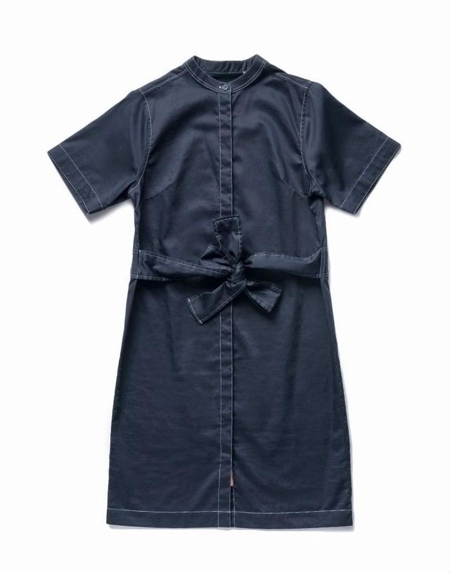 Navy Blue Tie Front Dress with Contrast White Stitching - Kloth Studio Inc. - klothstudio.com