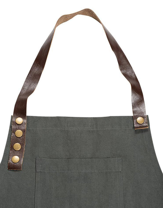 Grey Twill Apron with Leather Detailing - Kloth Studio Inc. - klothstudio.com