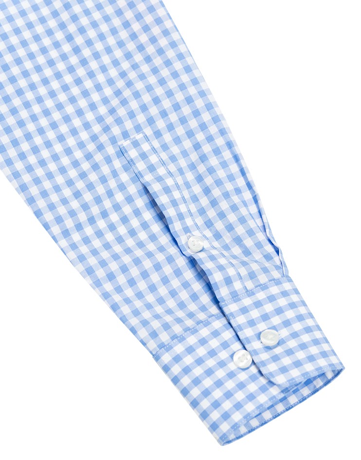 Blue and White Checkered Shirt with Pink Roll Up Tab Sleeve
