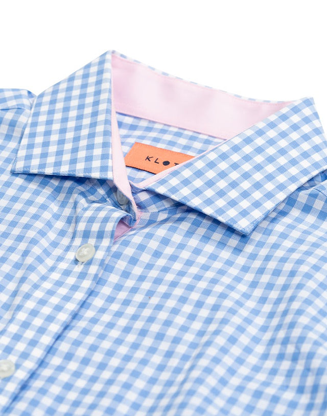 Blue and White Checkered Shirt with Pink Roll Up Tab Sleeve