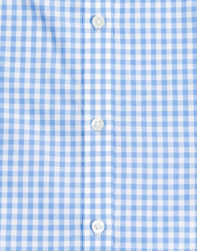 Blue and White Checkered Shirt with Pink Roll Up Tab Sleeve