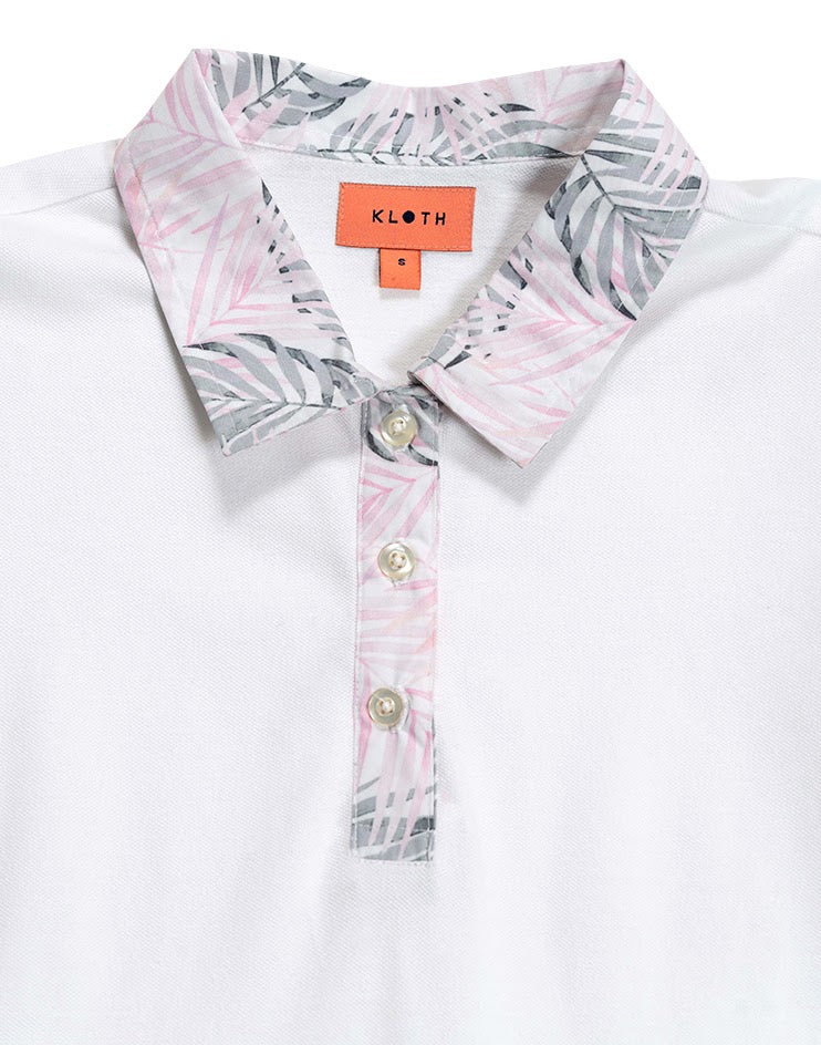 White Polo with Pink Leaf Printed Collar