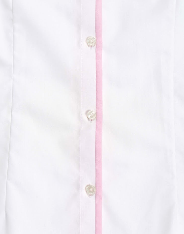 White Shirt with Pink Contrast Collar and Piping