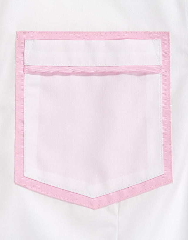 White Shirt with Pink Contrast Collar and Piping