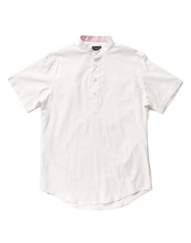 Men’s White Linen Henley Short Sleeve Shirt with Pink Inside Collar Contrast - Kloth Studio Inc. - klothstudio.com